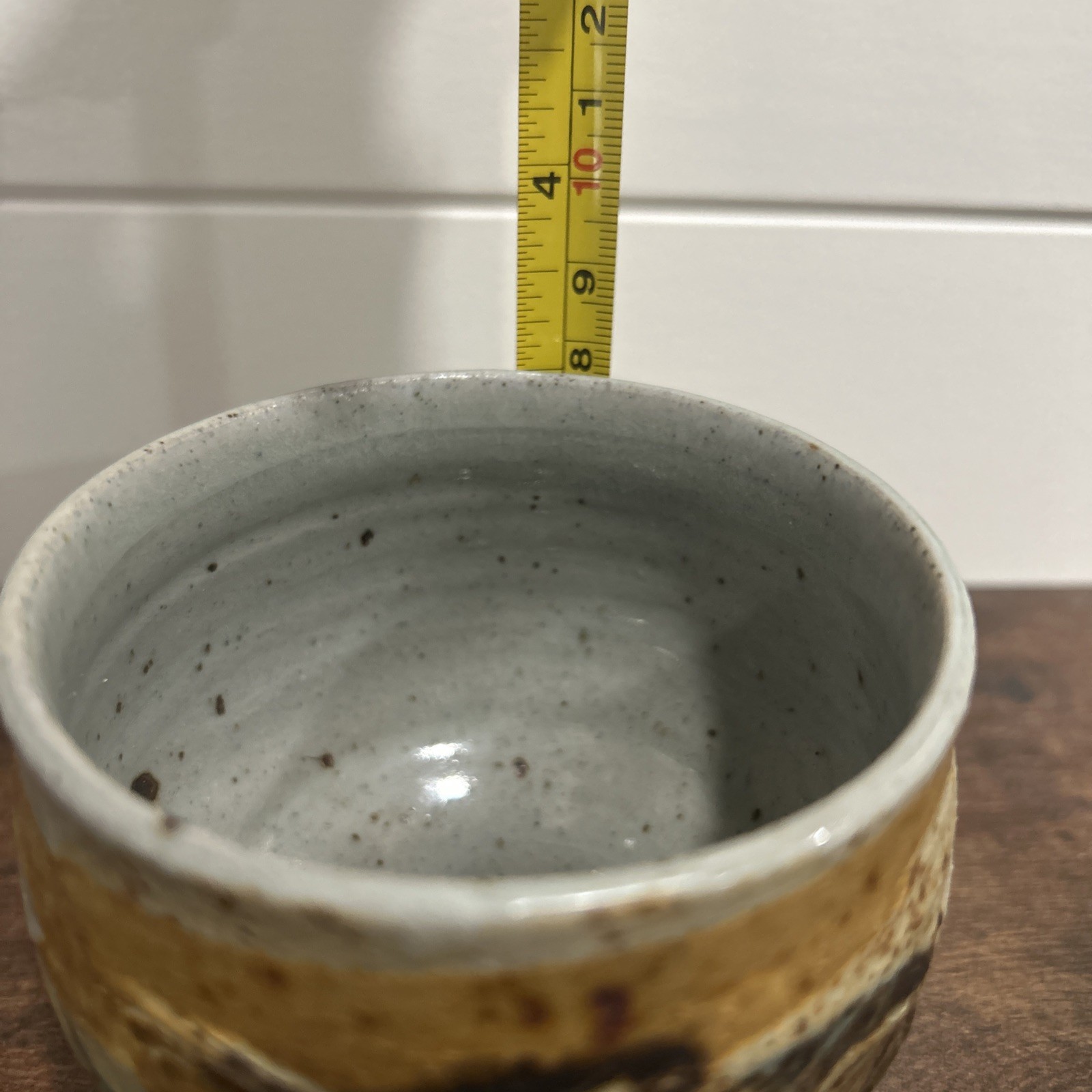 Pottery Tea Tea Bowl/Cup Signed Etched Abstract Blue, Gray, Brown, Tan