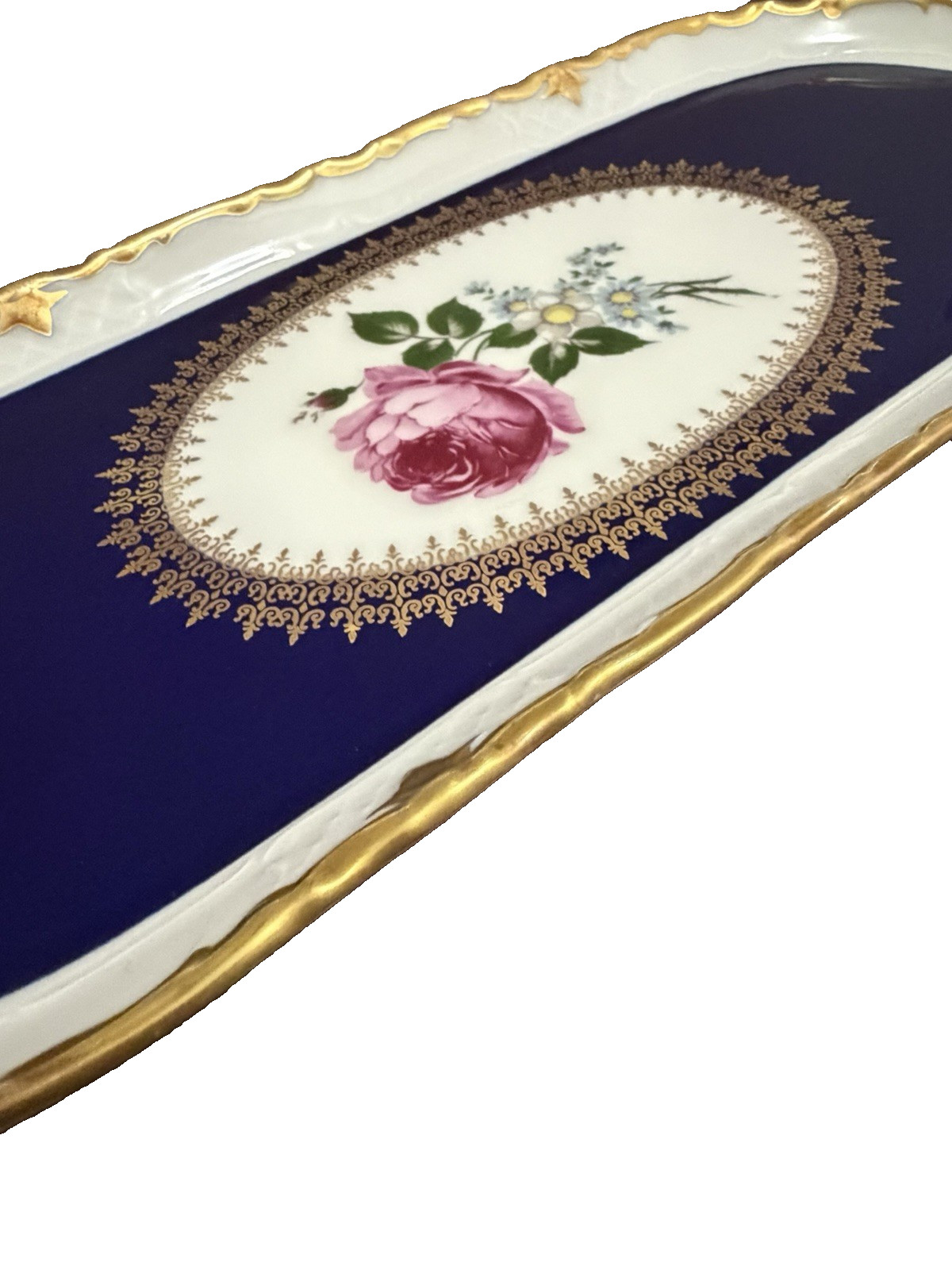 Reichenbach Echt Kobalt 16″ Cobalt Blue Floral Oval Serving Platter Gold Trim