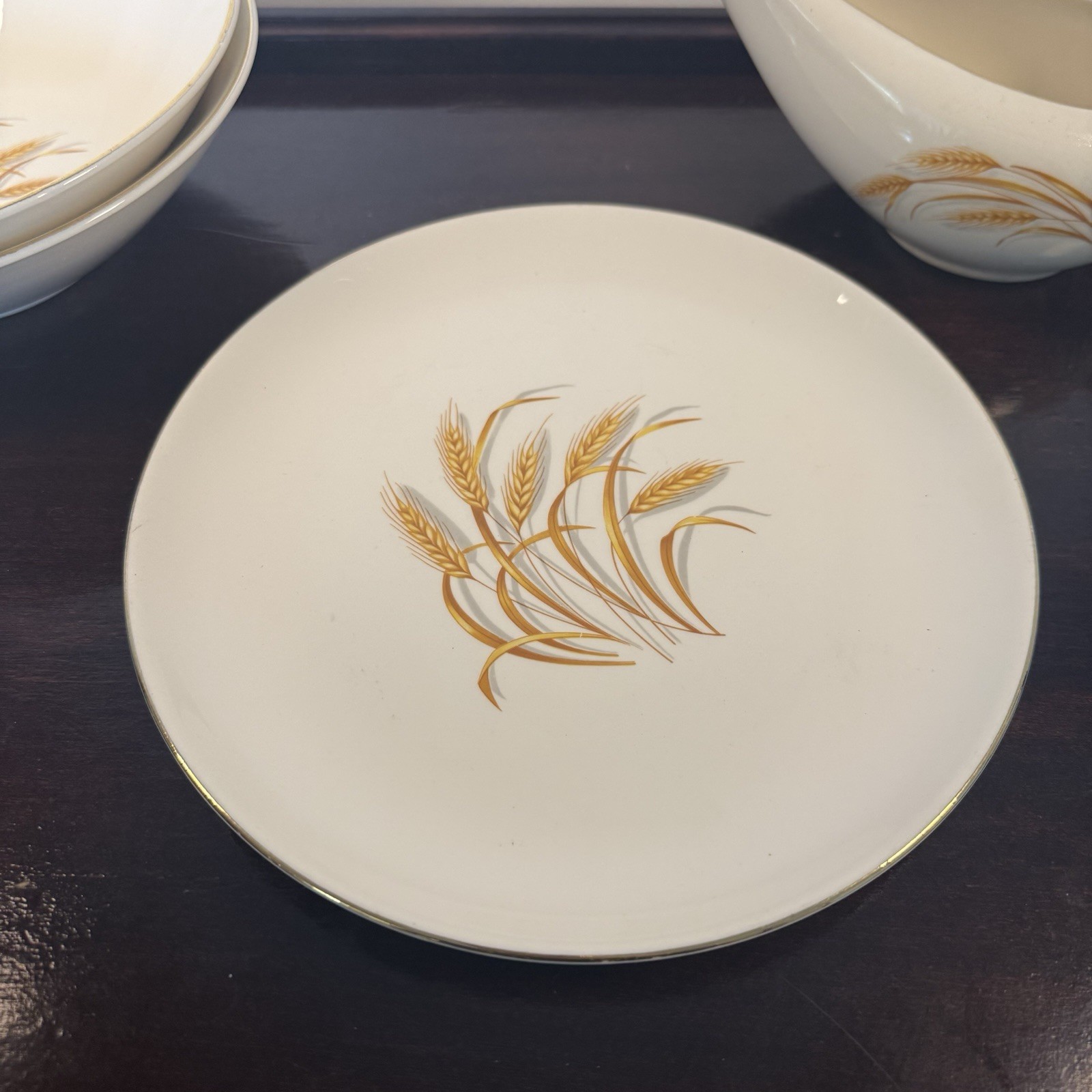 Homer Laughlin Vintage Golden Wheat 7 Piece Lot Plates Bowls Gravy Boat 22K Gold