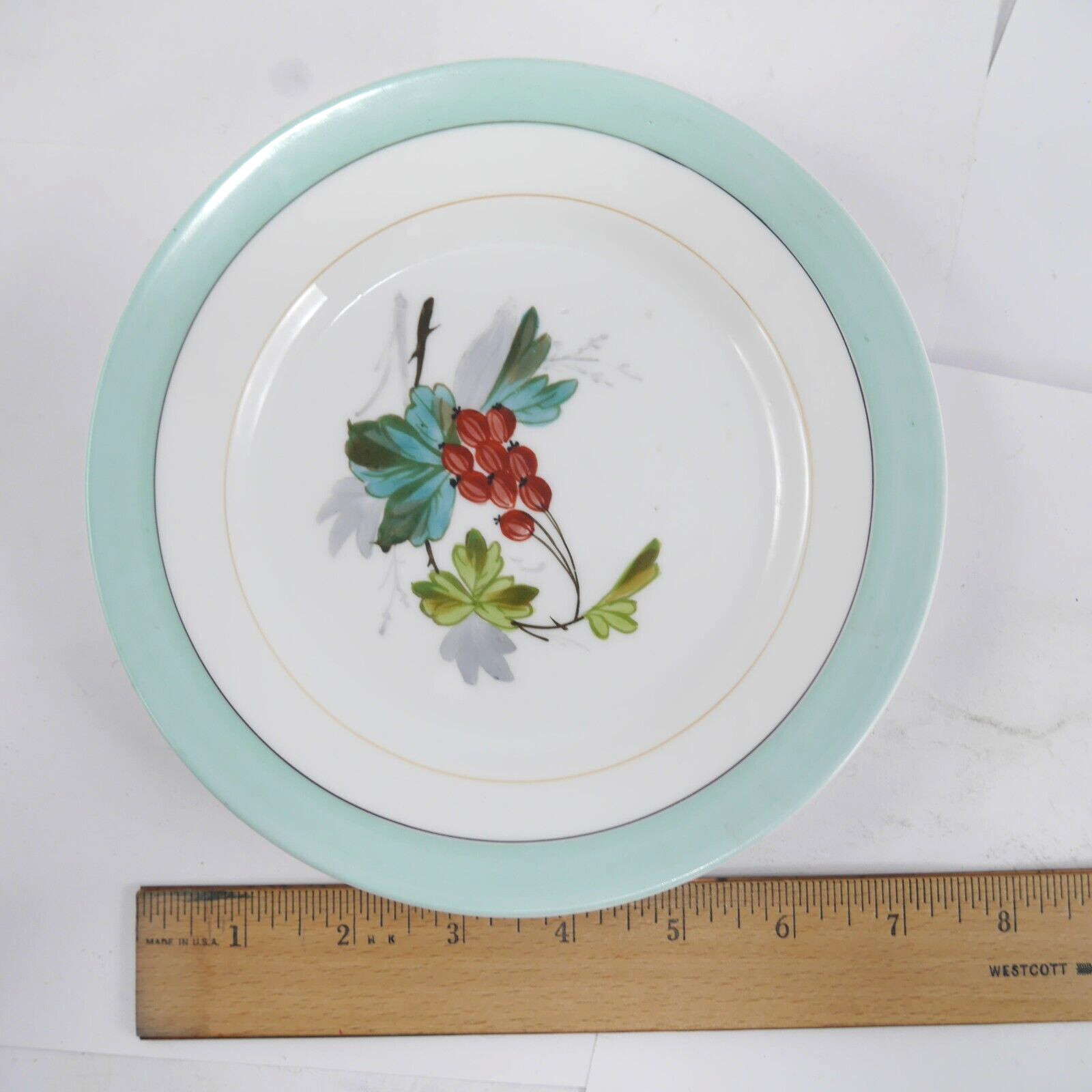 Vintage Red Berries Salad Plate 7 1/2 Pastel Turquoise Border Painted