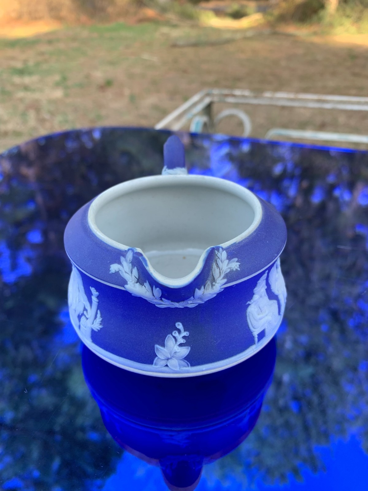 Wedgwood Jasperware Cobalt Blue Creamer 2 1/8″ Tall Made in England Circa 1900