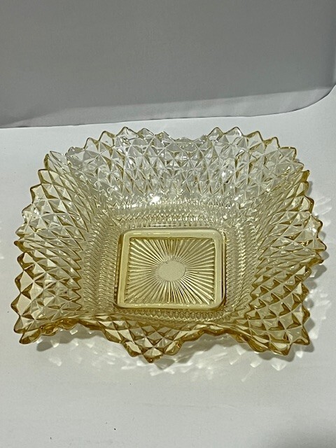 Vintage Yellow & Orange Diamond Point Sawtooth Square glass Candy Dish Bowl set