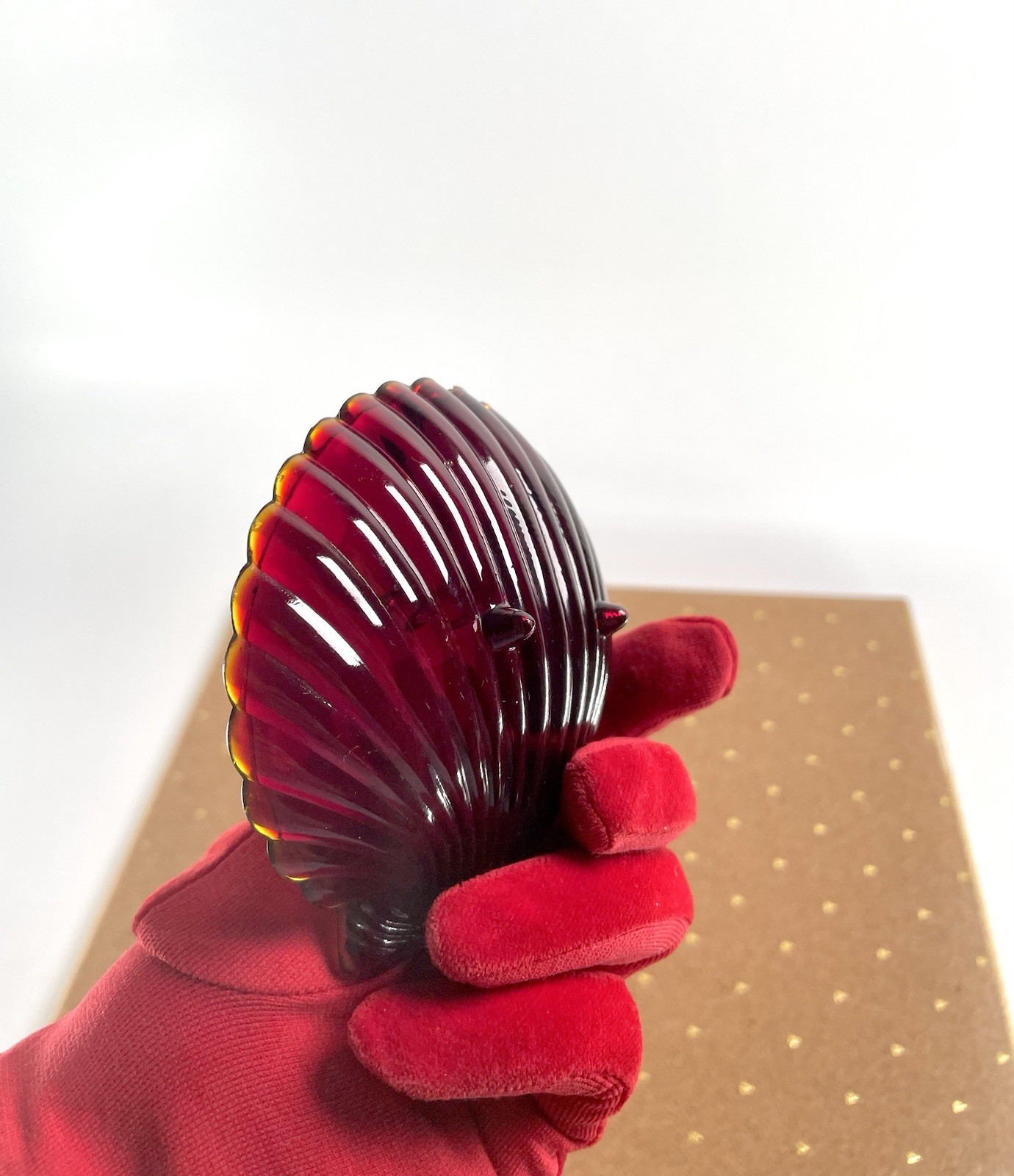 Vintage Ruby Red Cadmium Glass Shell Pattern Candy Dishes Glossy Decorative