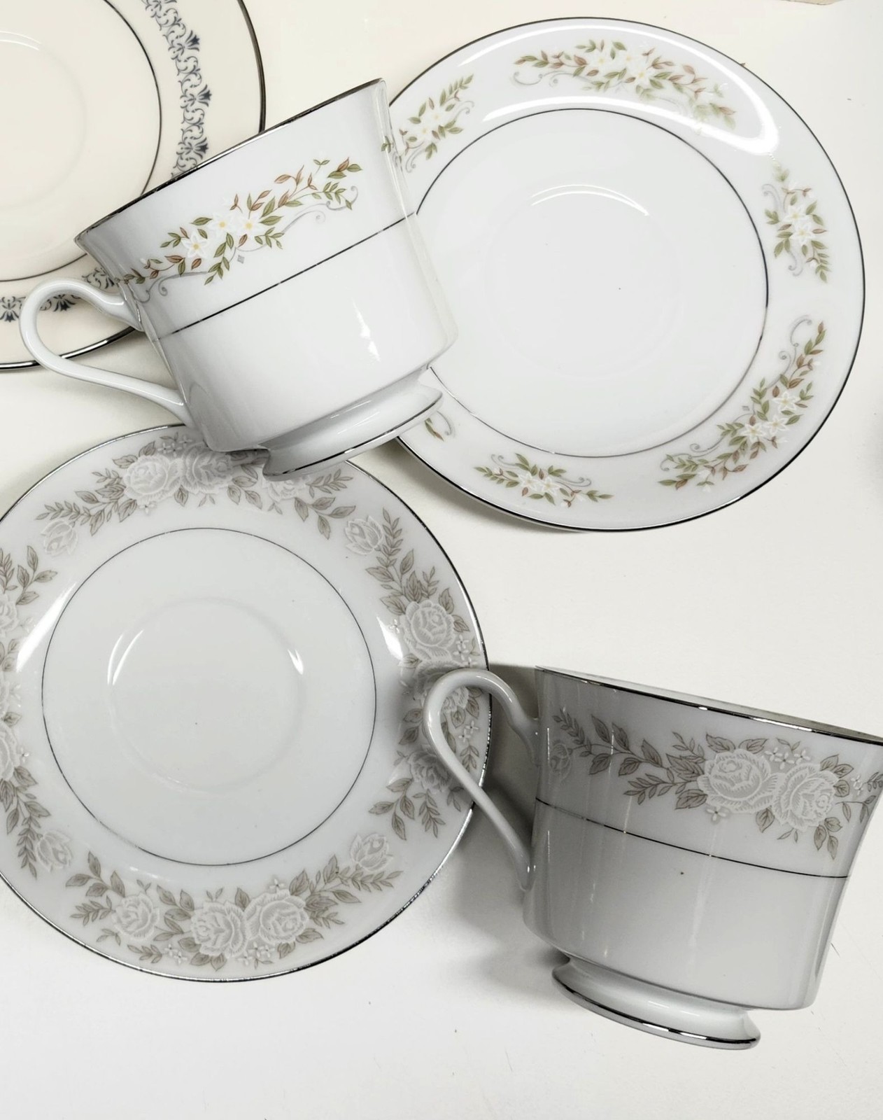 Mismatched China Tea Cups & Saucers Soft Floral Designs 4 Sets
