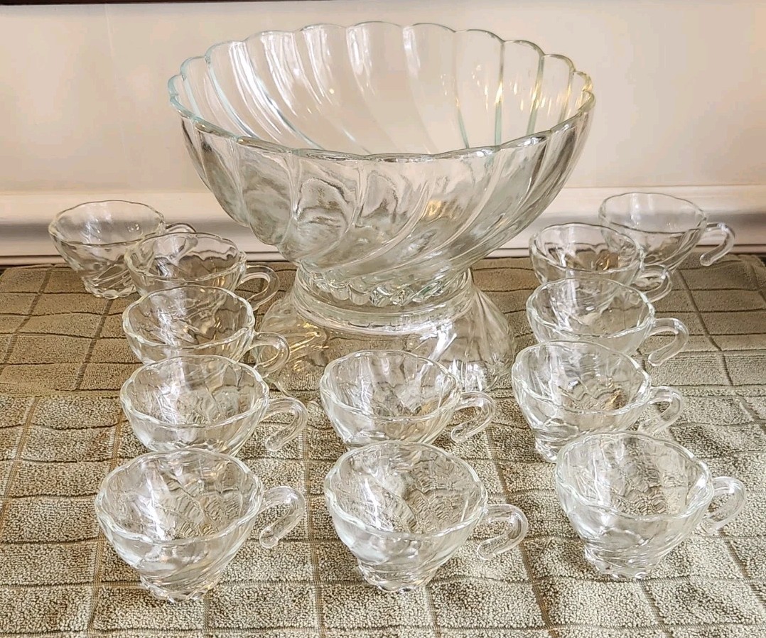 HAZEL ATLAS COLONIAL SWIRL Punch Bowl Set 12 CUPS, PUNCH BOWL + STAND