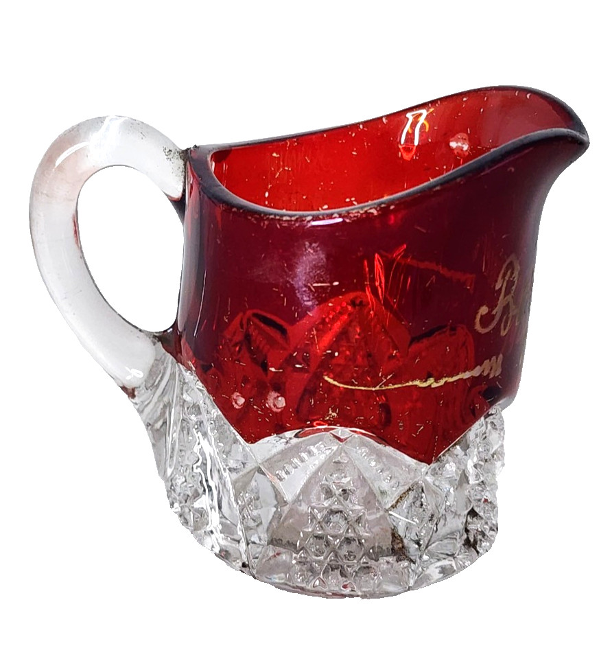 Antique Ruby Flash Souvenir Creamer Bekenice 1905 Bohemian Glass