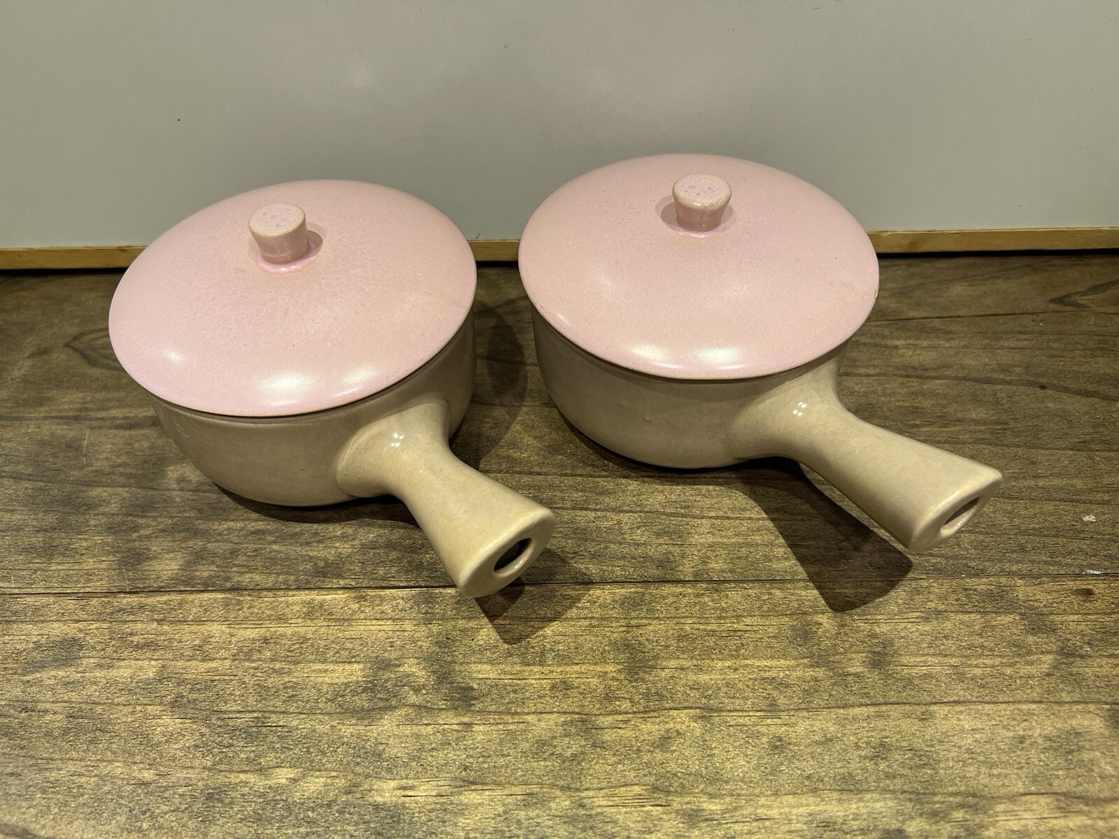 VTG La Solana Clay Pottery Individual Serving Casserole Bowls W/ Pink Lids Set 2