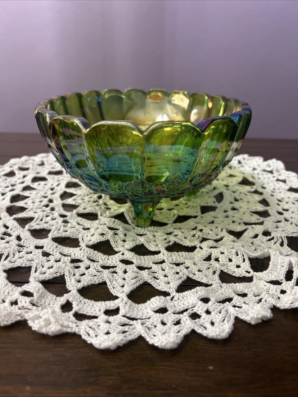 Vintage Indiana Glass Iridescent Green Carnival Glass Footed Oval Fruit Bowl 12”