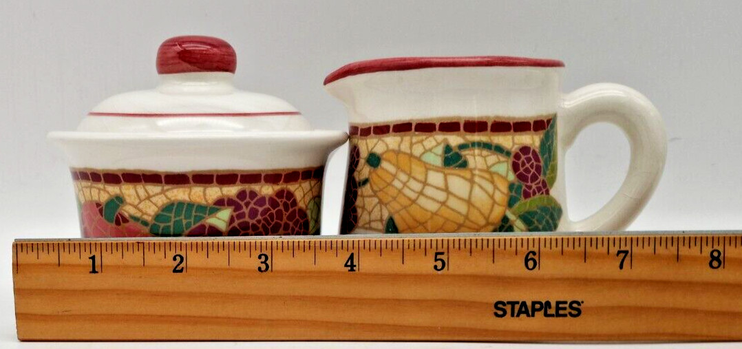 Pier 1 Set Creamer & Sugar w/Lid Mosaic Fruit Pattern Ceramic Earthenware-Italy
