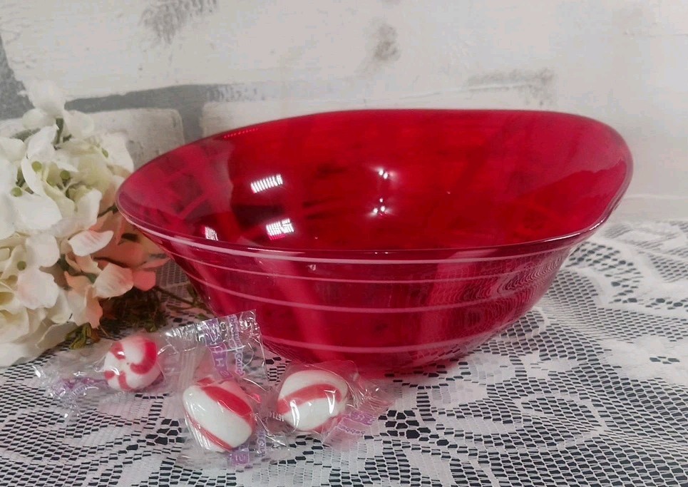 Glass Red White Swirl Hand Blown Art Glass Candy Bowl Asymmetrical Holiday Decor