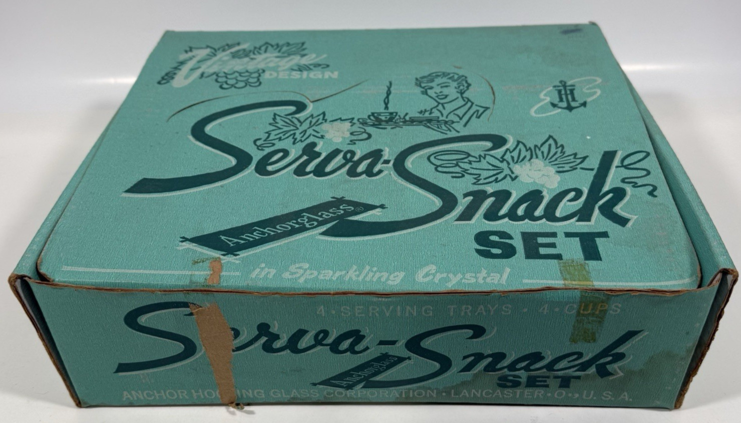Anchor Hocking Serva-Snack Set 8pc Clear Glass Grape Pattern Vintage Boxed Set
