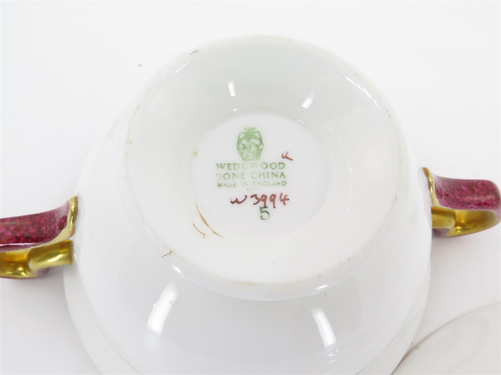 Wedgwood Whitehall Powder Ruby Red 4 Cream Soup Bowls Double Handle & 4 Saucers