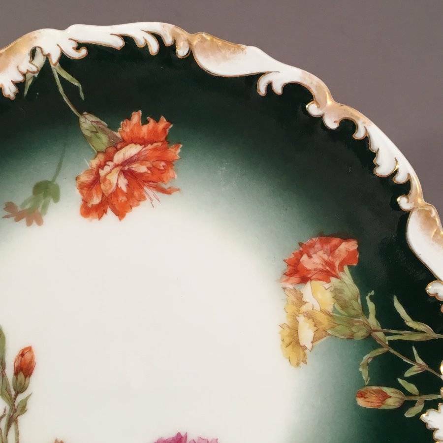 Elegant Antique T V Limoges France Dark Green Plate Scalloped Carnations Floral