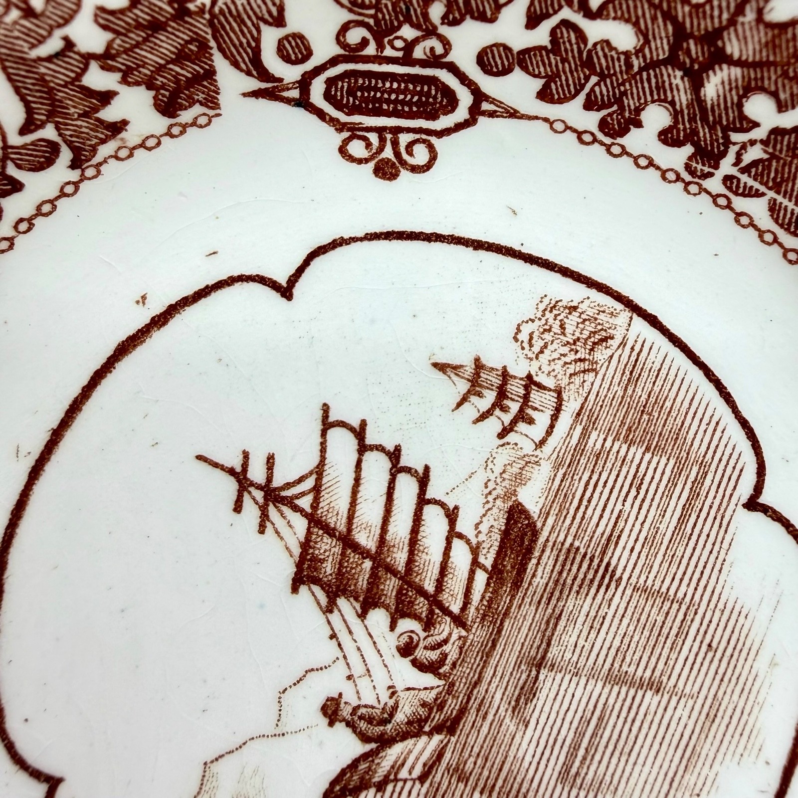 Antique Copeland Spode Aesthetic Brown Transferware Ship Small Platter Tray 1882