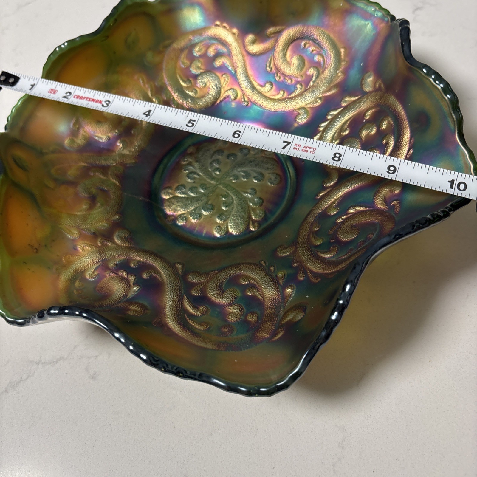 Fenton Cobalt Green Carnival Scalloped Bowl 8 3/4″ Ruffle See Picture