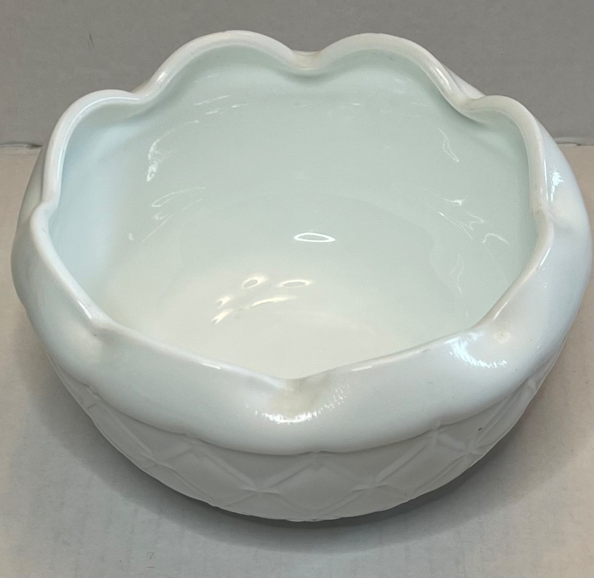 Vintage Indiana Glass White Milk Glass Rose Bowl Quilted Diamond Ruffled Edge