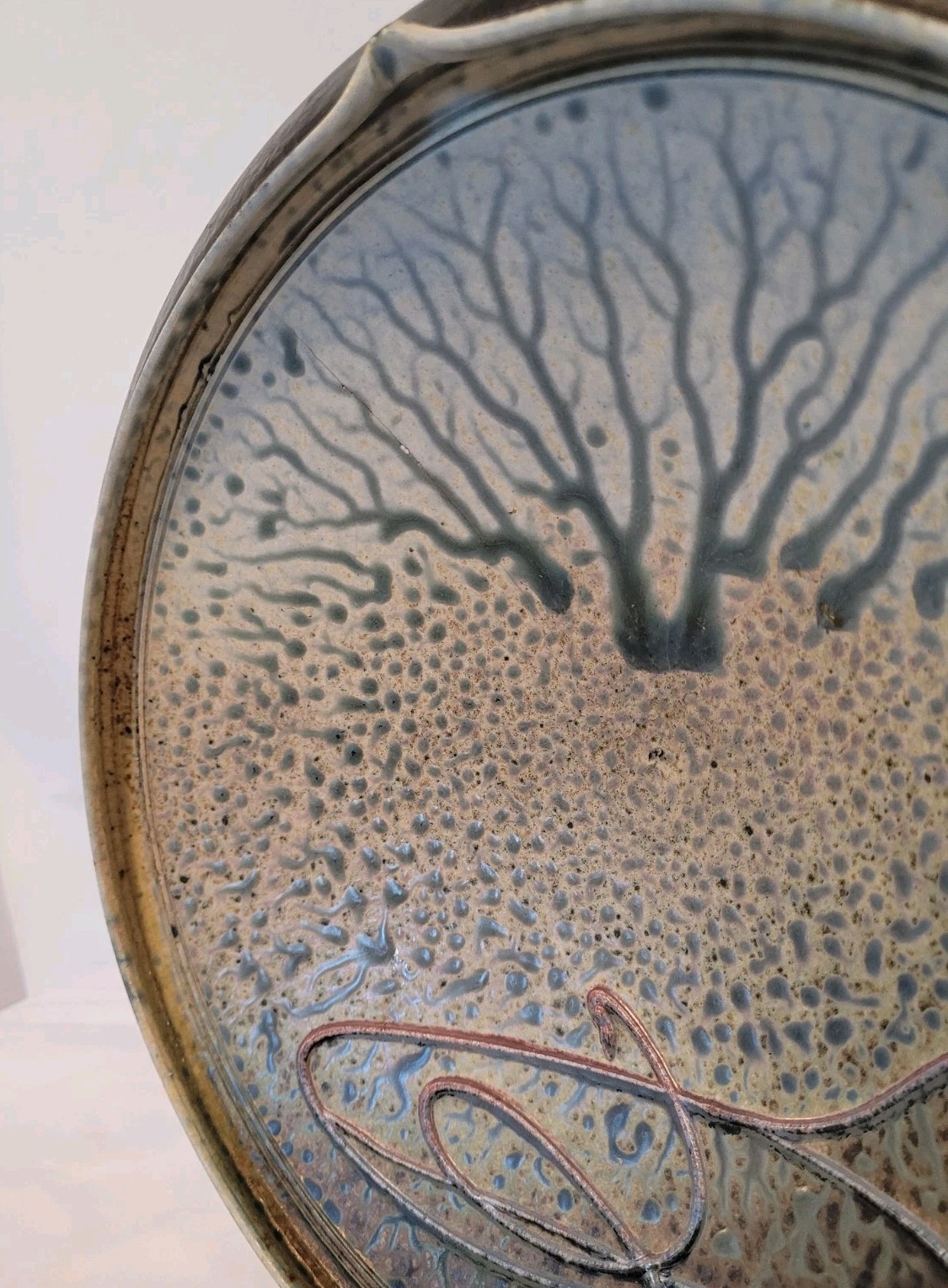Signed Richard Aerni 1992 Glazed Stoneware Pottery Bowl 13.5″ Diameter, Crack
