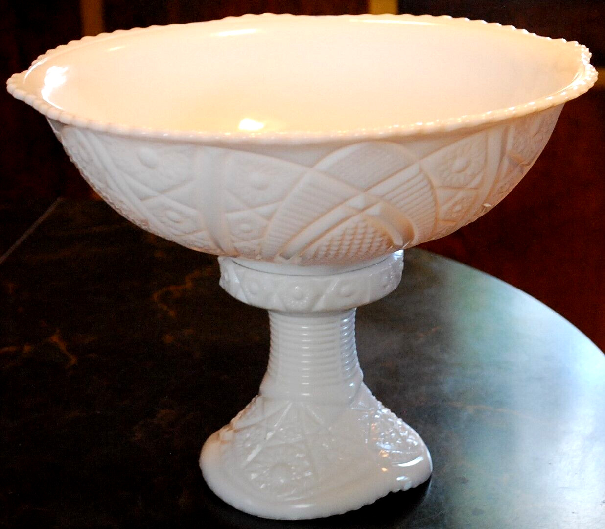 Vtg 1930s McKee THE CONCORD White Milk Glass PUNCH BOWL & PEDESTAL BASE SET 13″