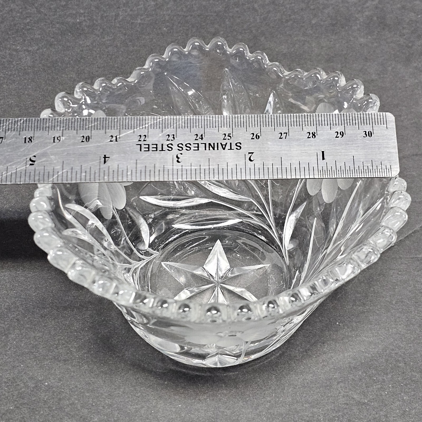Lead Crystal Bowl Candy Nut Dish Etched Flowers Scalloped Edge Star Bottom