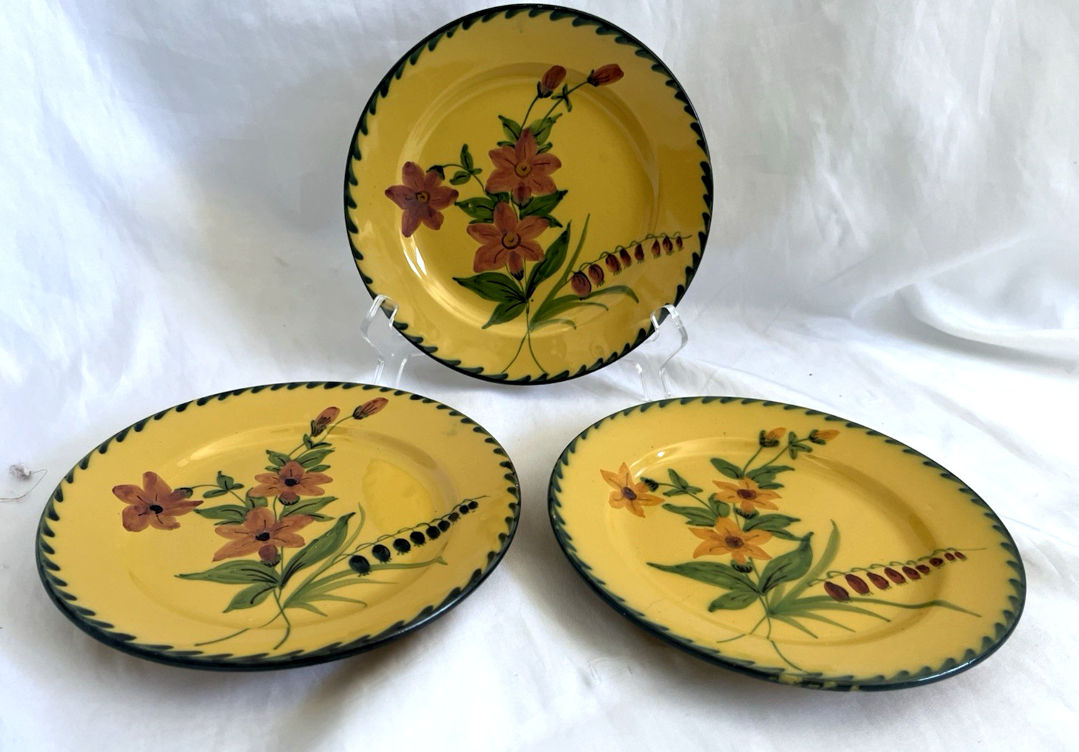 ANTIQUE set of 3 handpaint plates-yellow/mustard w/ orange & green floral.