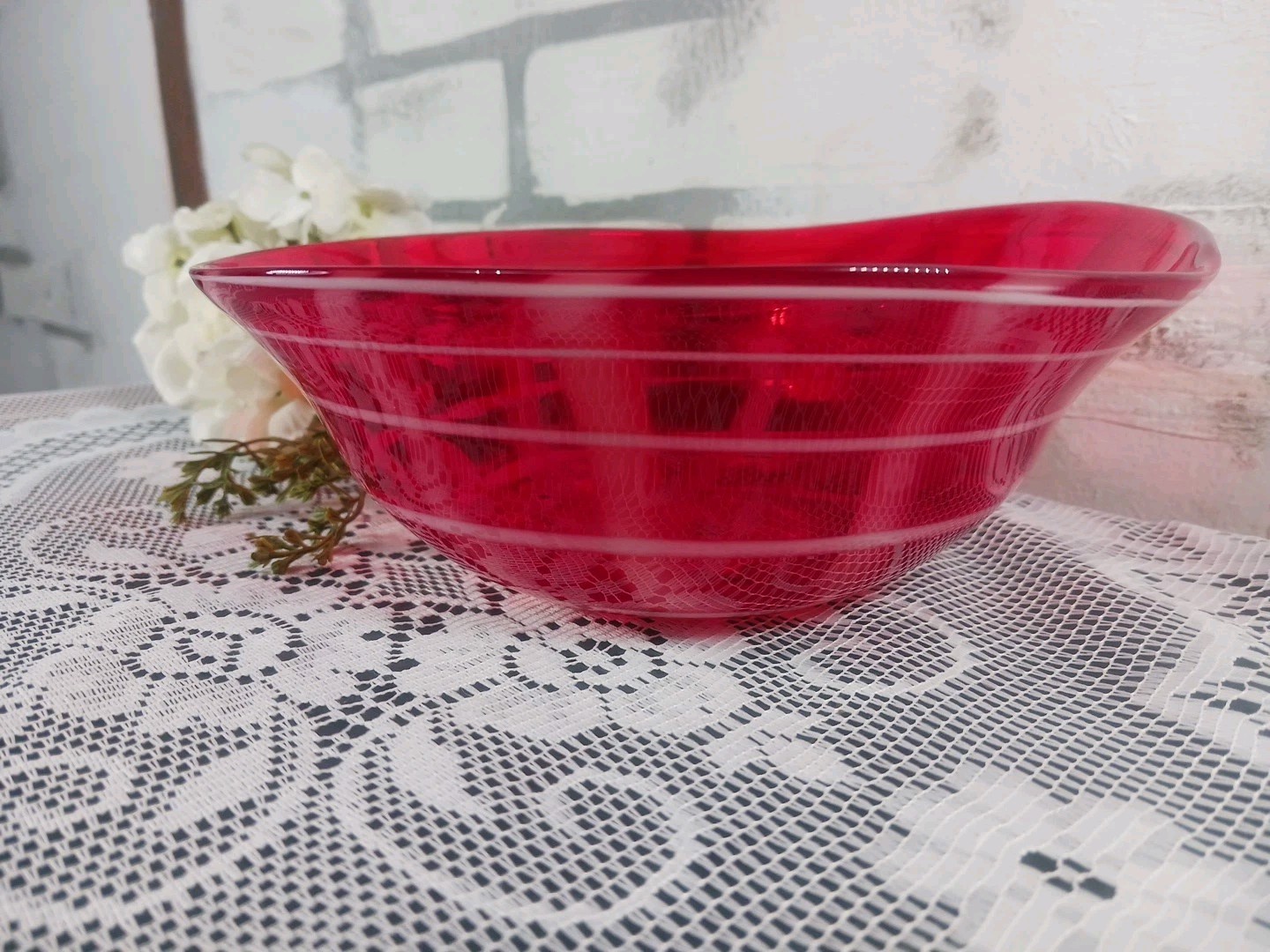 Glass Red White Swirl Hand Blown Art Glass Candy Bowl Asymmetrical Holiday Decor