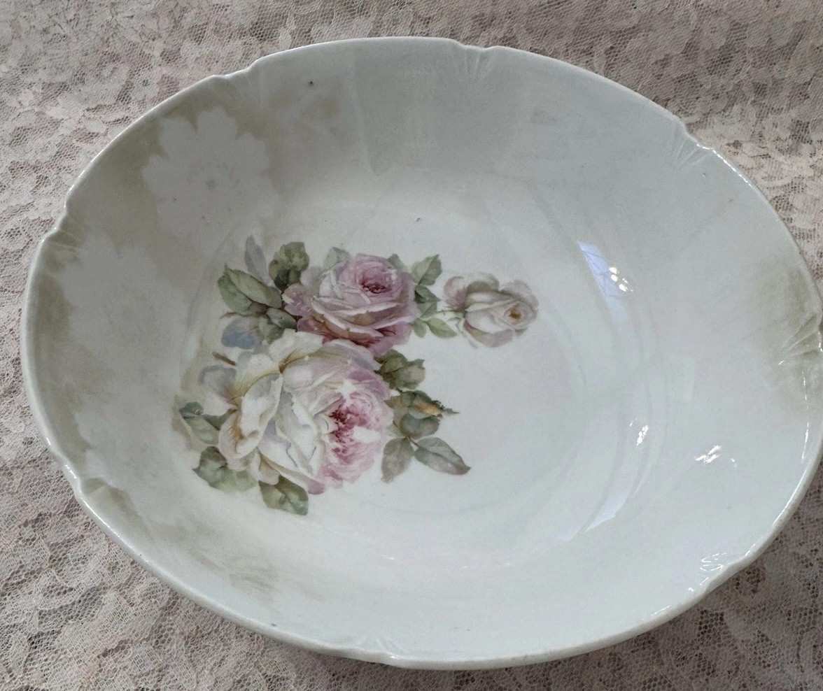 Haviland Porcelain Bowl White Pink Green Floral Rose Pattern Round Glossy