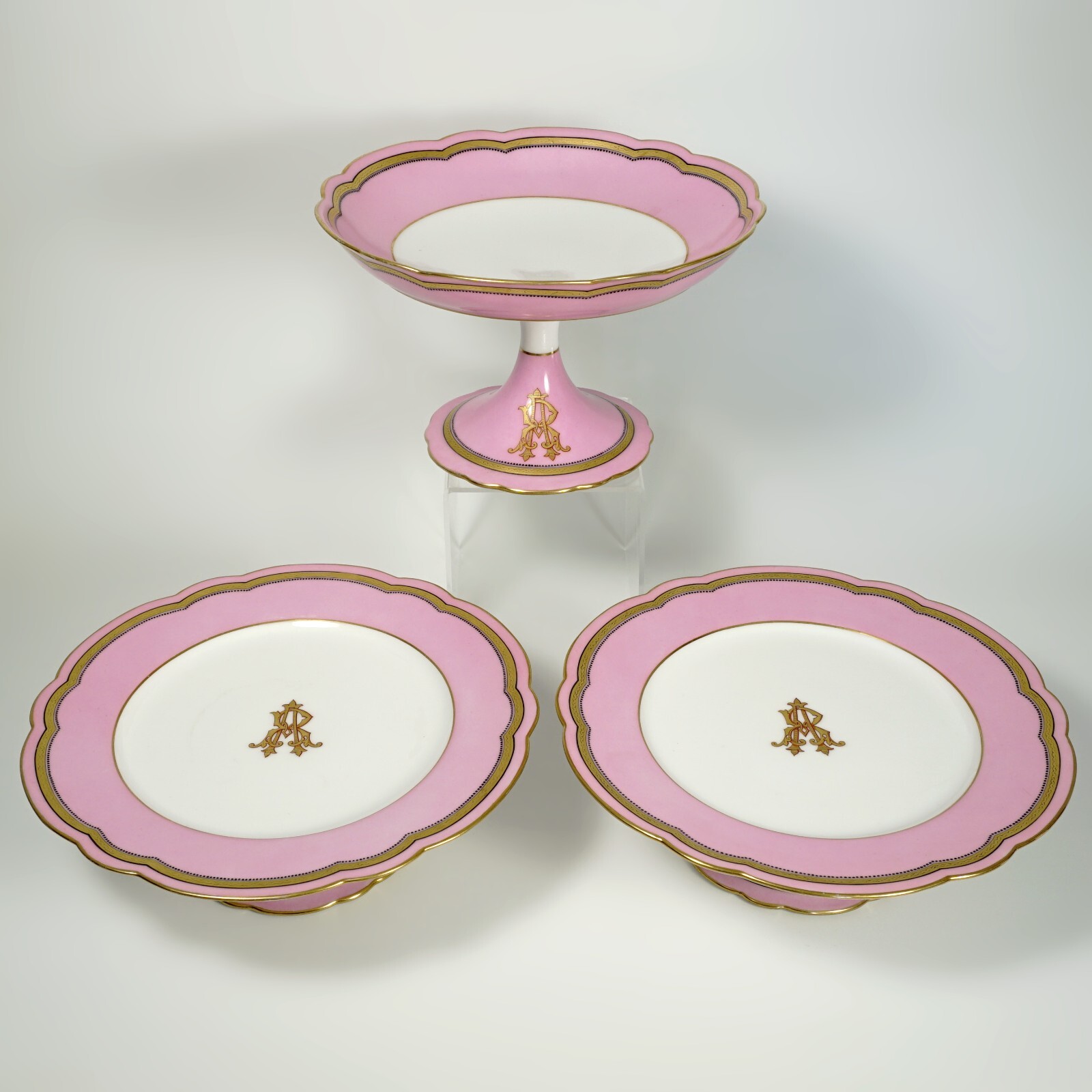 Antique French Old Paris Porcelain Pompadour Pink Dessert Service Plates Set