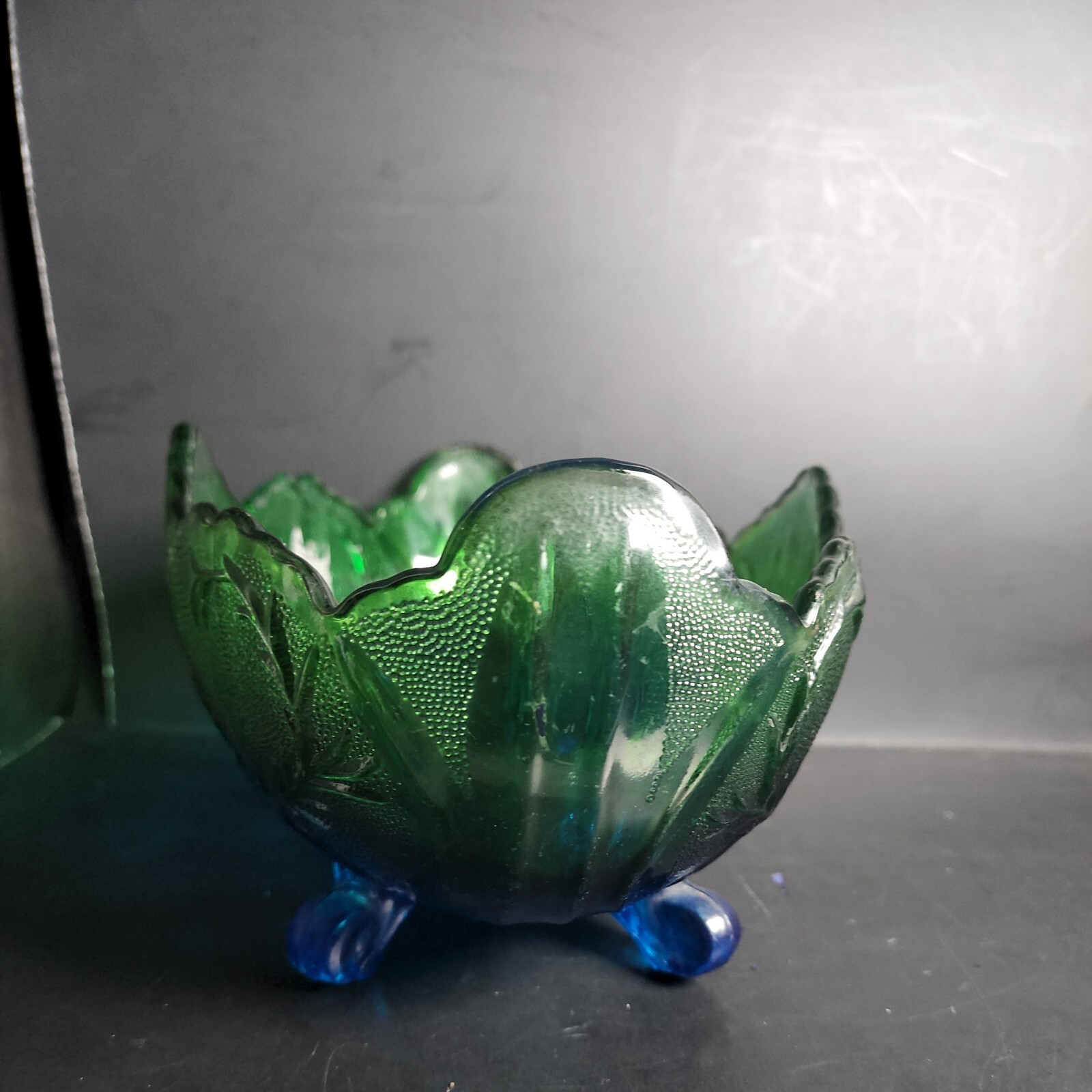 Vtg Jeanette Flashed Blue Green Lombardi Footed Fruit Bowl 10″ L x 5″ H x 7″ W