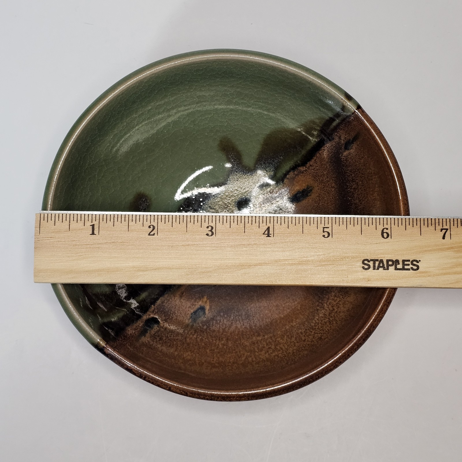 Studio Art Pottery Golden Green & Brown Drip Crackle Glaze Ceramic Bowl