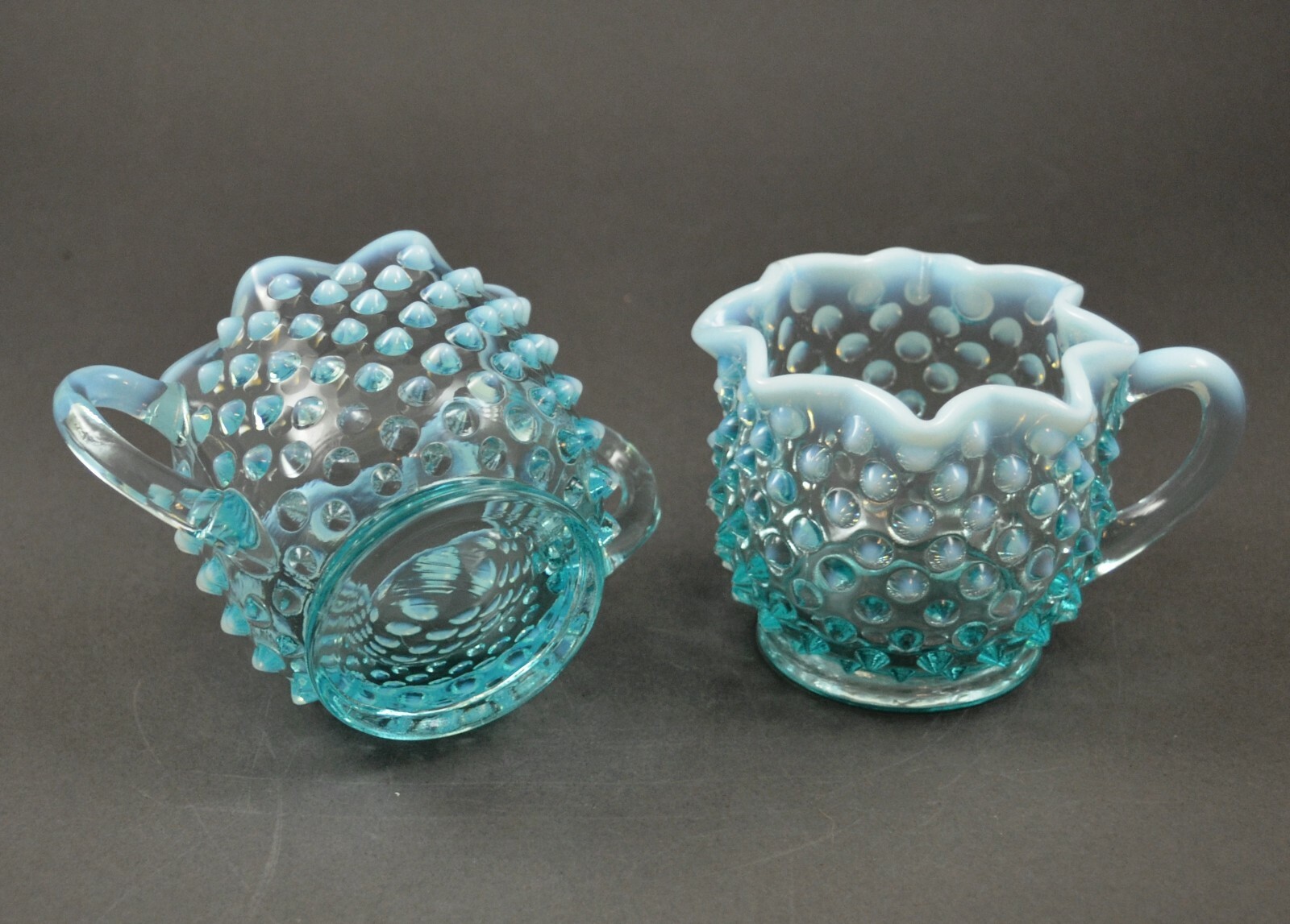 Fenton Hobnail Blue Opalescent Star Vintage Glass Creamer and Sugar