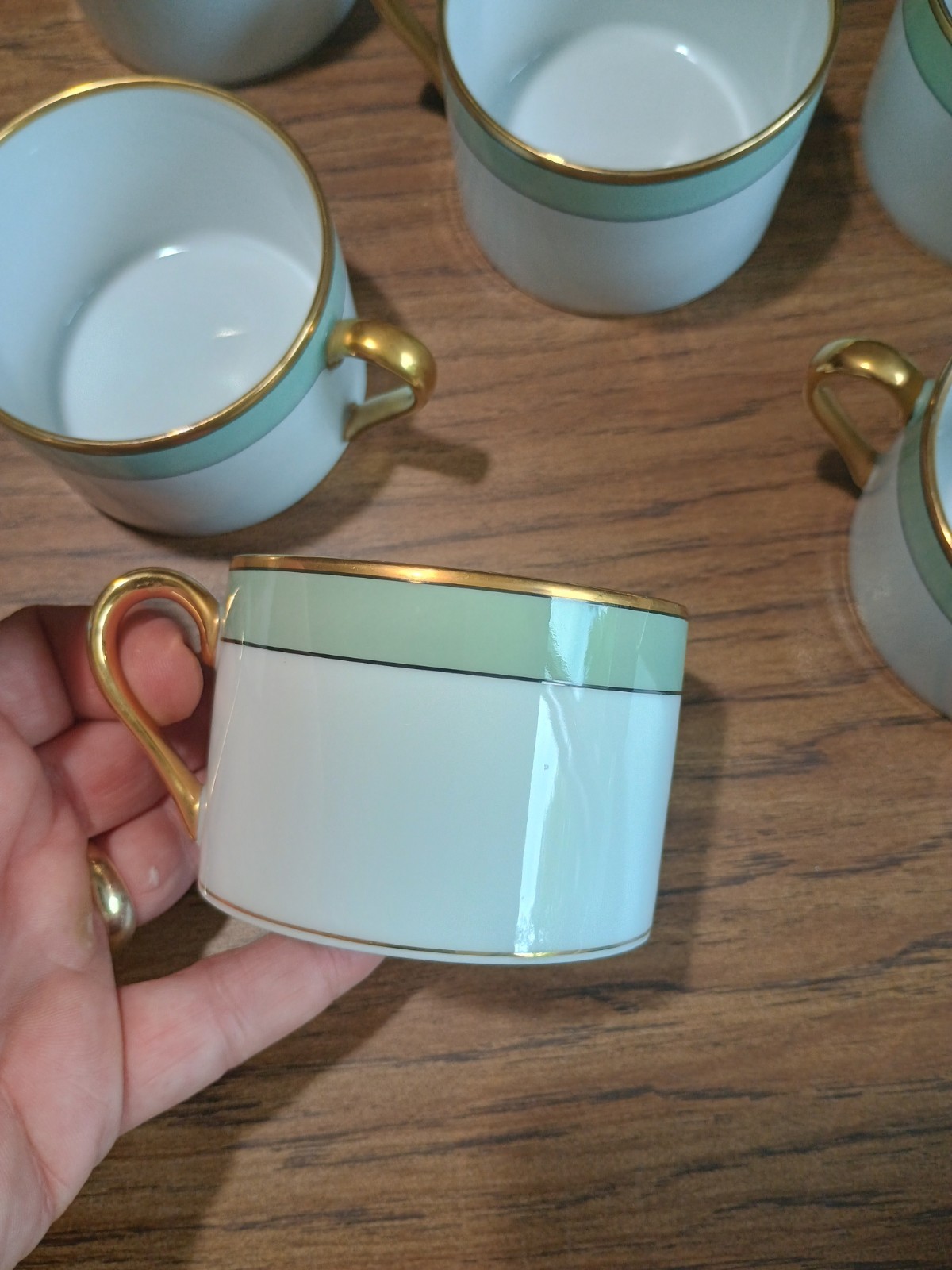 Set of 7 Fitz & Floyd Renaissance Mint Green Flat Cup Saucer Vintage Fine China