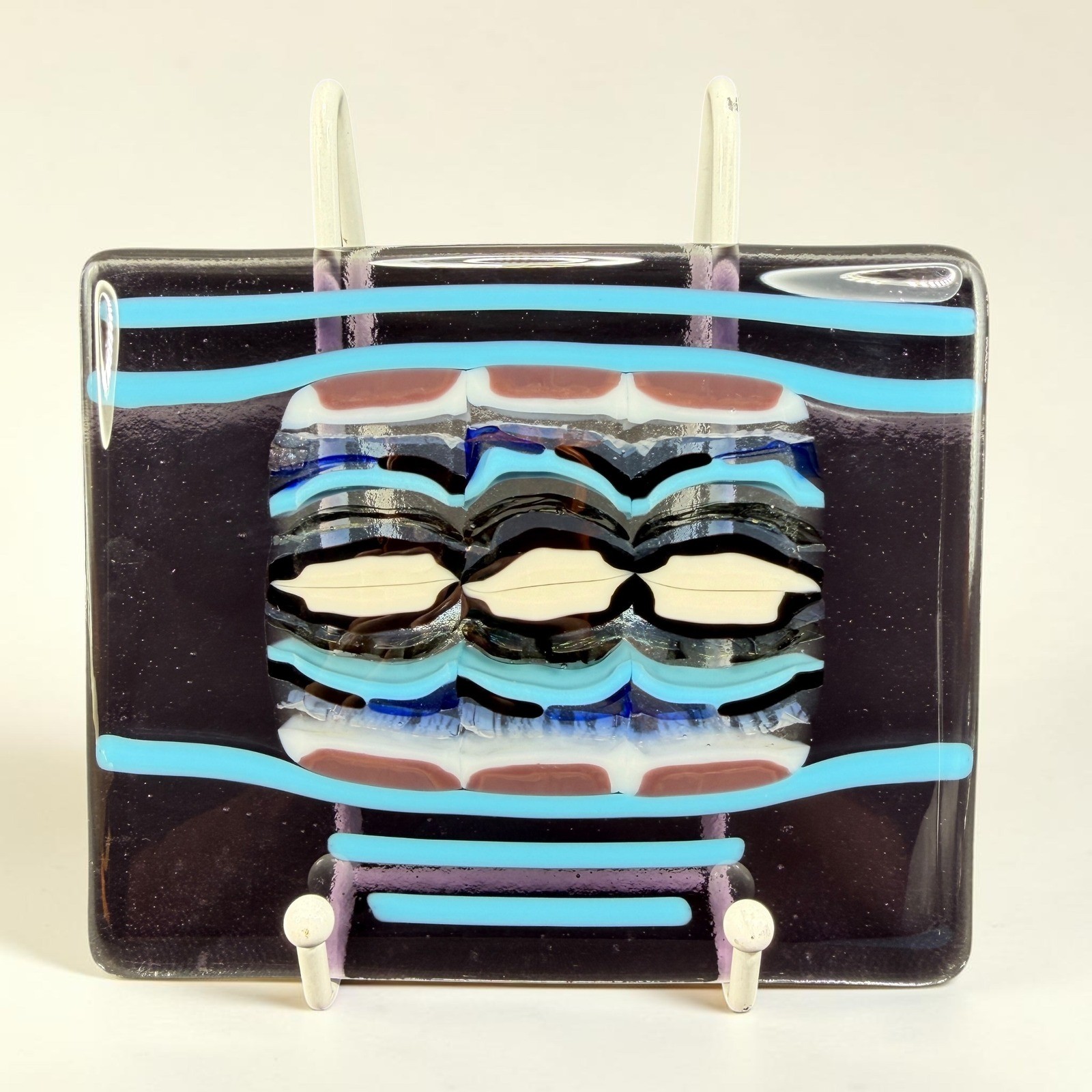 Handmade Fused Glass Art Plate Abstract Geometric Purple Turquoise 6×5 Inch