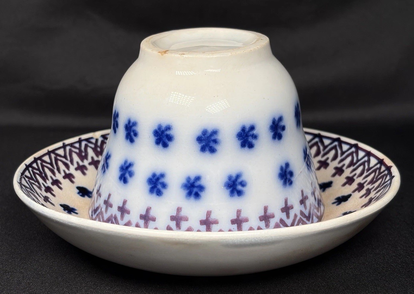 Antique Staffordshire Flow Blue Amish Snowflake Handleless Cup Saucer c1840