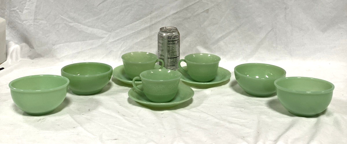 Fire-King Alice Jadeite Green Dish Lot 3 Cup & Saucer Sets + 4 Bowls