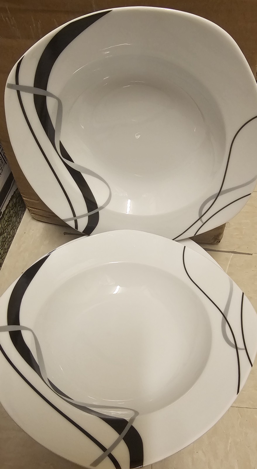6 Soup Plates – 8.2″ Modern Porcelain – Black/Gray Curve Design