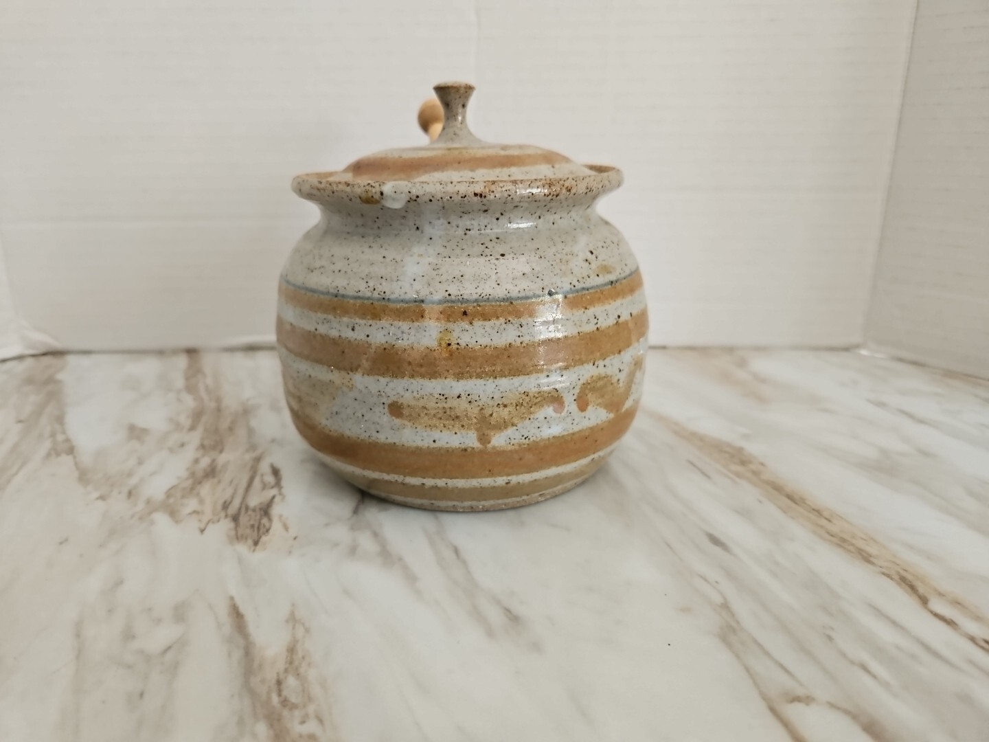 Honey Pot Studio Art Pottery Shades Of Blue & Tan with Lid And Dipper Signed