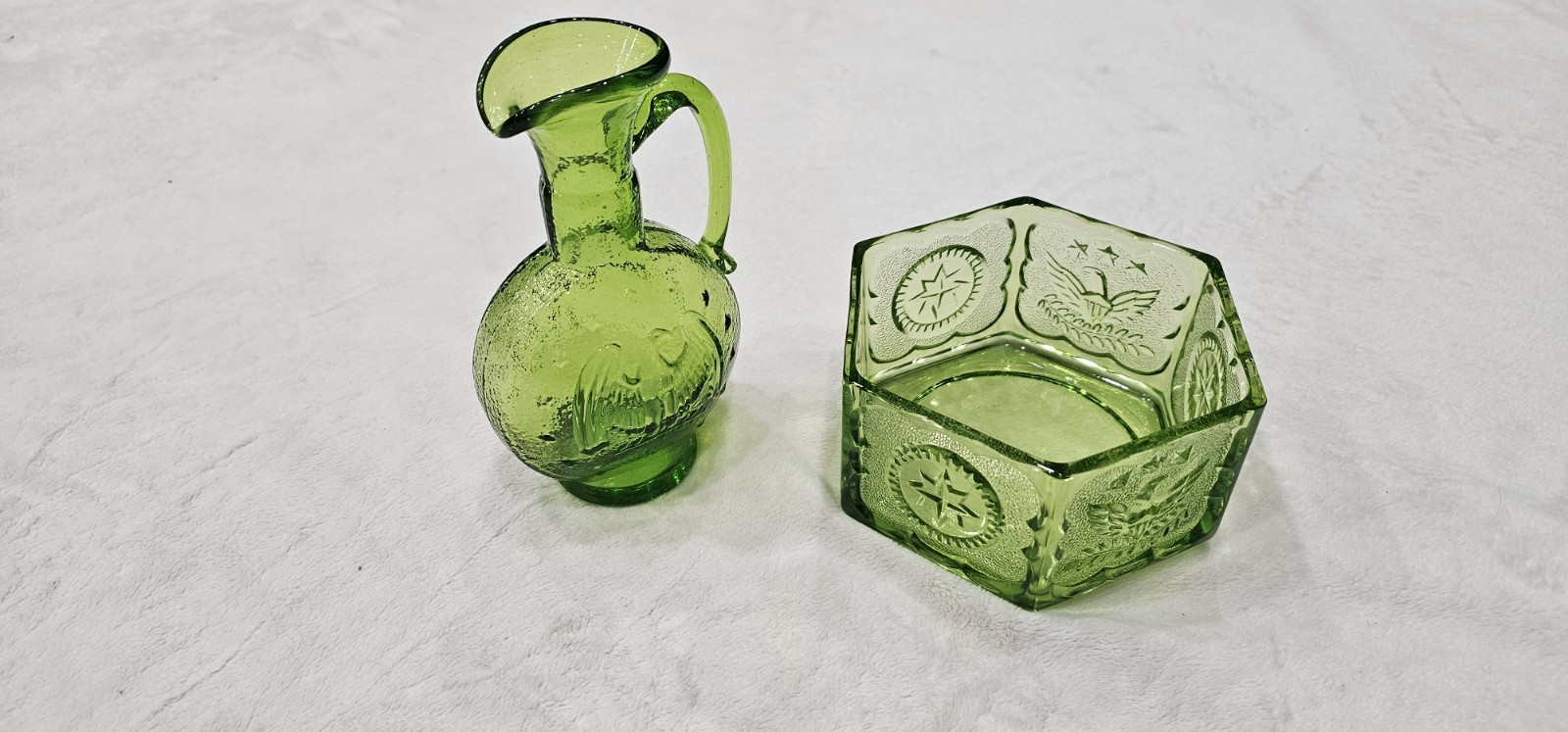 Green Pressed Glass Hexagon Bowl with Floral Pattern, Colonial Theme Glassware