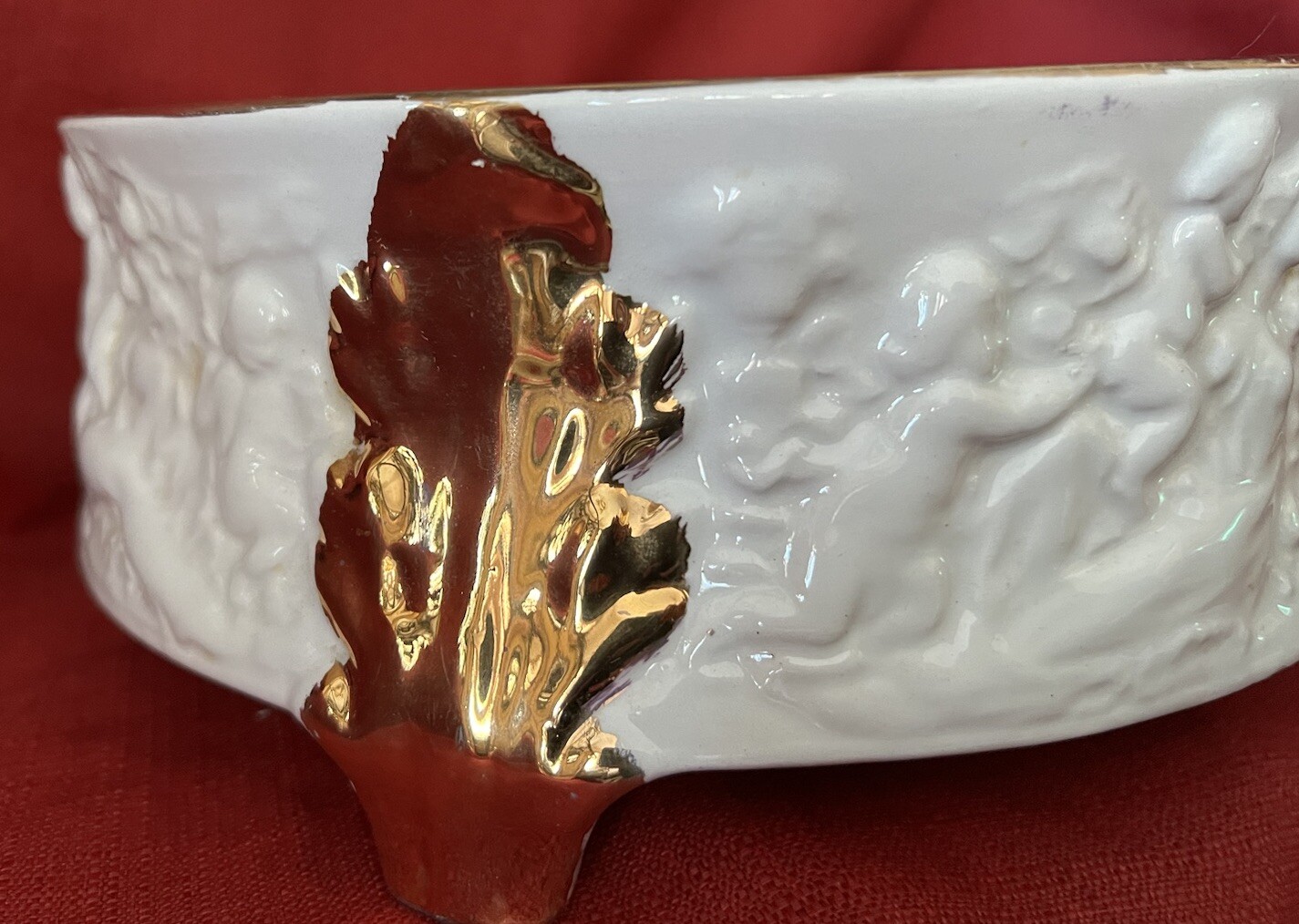 Figural Centerpiece Footed Bowl Embossed Cherubs Goddess Gold Accents Italy VTG