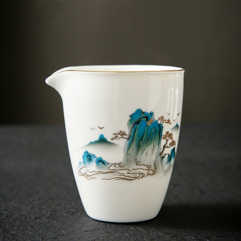 Chinese Tea Set Fat Mutton Jade Porcelain Gaiwan Pitcher Tea Cup Mountain Print