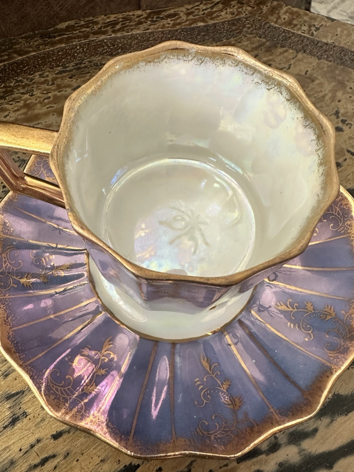 Branco Ceramics Purple White Gold Floral Ceramic Cup & Saucer Set Handle