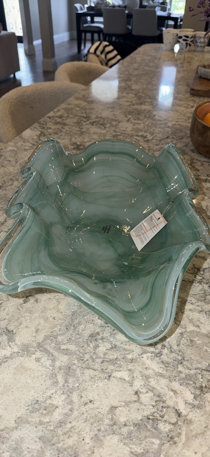 Murano Art Glass Hand Blown Ruffled Centerpiece Bowl | Seafoam Green 15.5” Italy