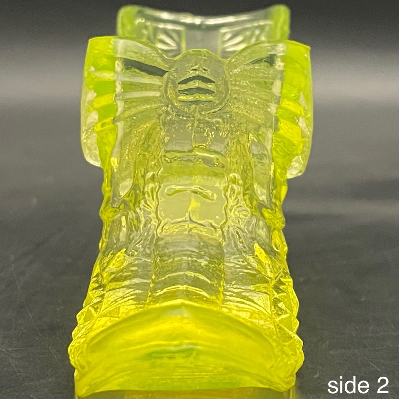 Boyd’s Uranium Glass Daisy & Button w/Bow Shoe Salt Cellar 1993-98 Made in USA