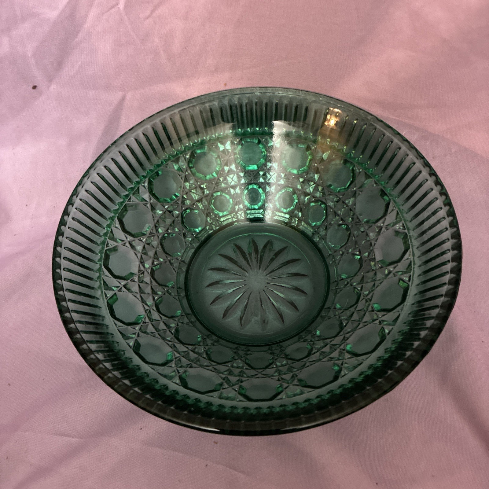 Indiana Glass Windsor Button Cane Emerald Green Covered Candy Dish Vintage
