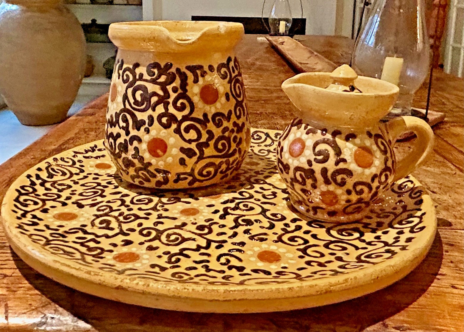 FRENCH SET OF GLAZED PLATE PLATTER 2 PITCHERS EARTHENWARE ANTIQUE POTTERY