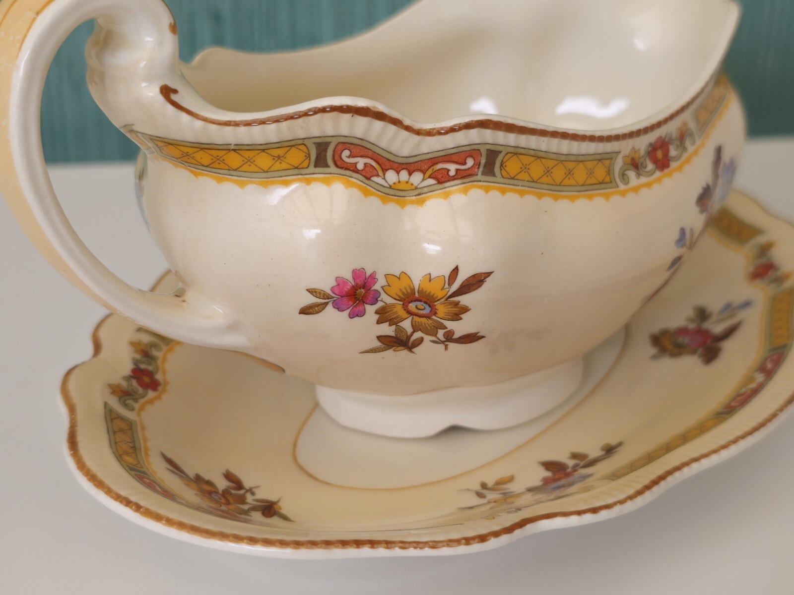 Gravy Boat & Plate Old Staffordshire Pareek Rouen By Johnson Bros 1920s Antique