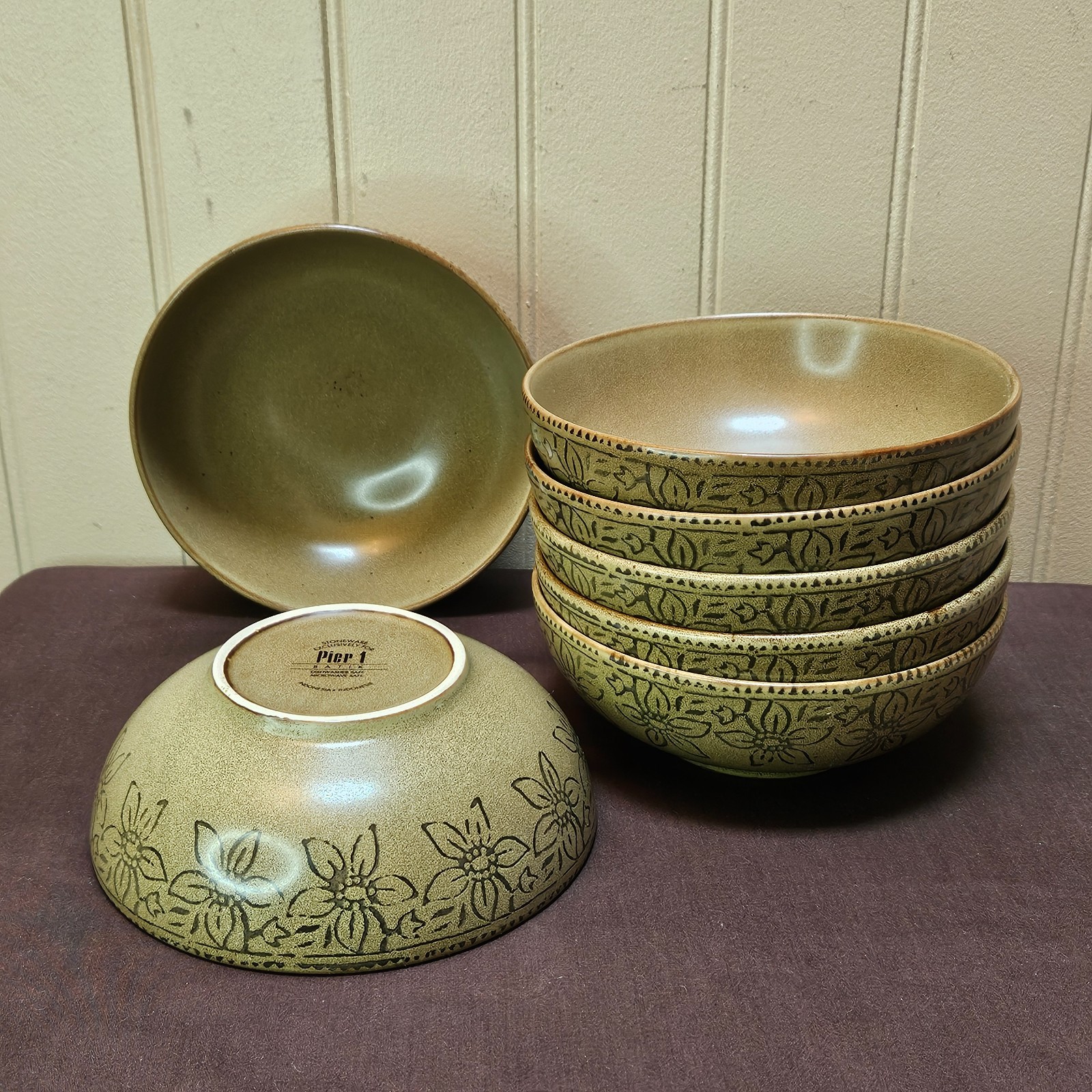 Pier 1 BATIK Olive Green Stoneware 6 ½” Cereal Soup Bowl Lot of 7 Bowls