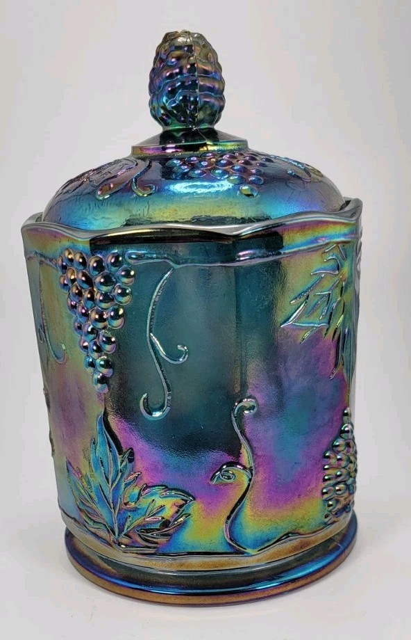 Vintage Indiana Blue Grape Harvest Carnival Glass Candy Canister Lid Chipped