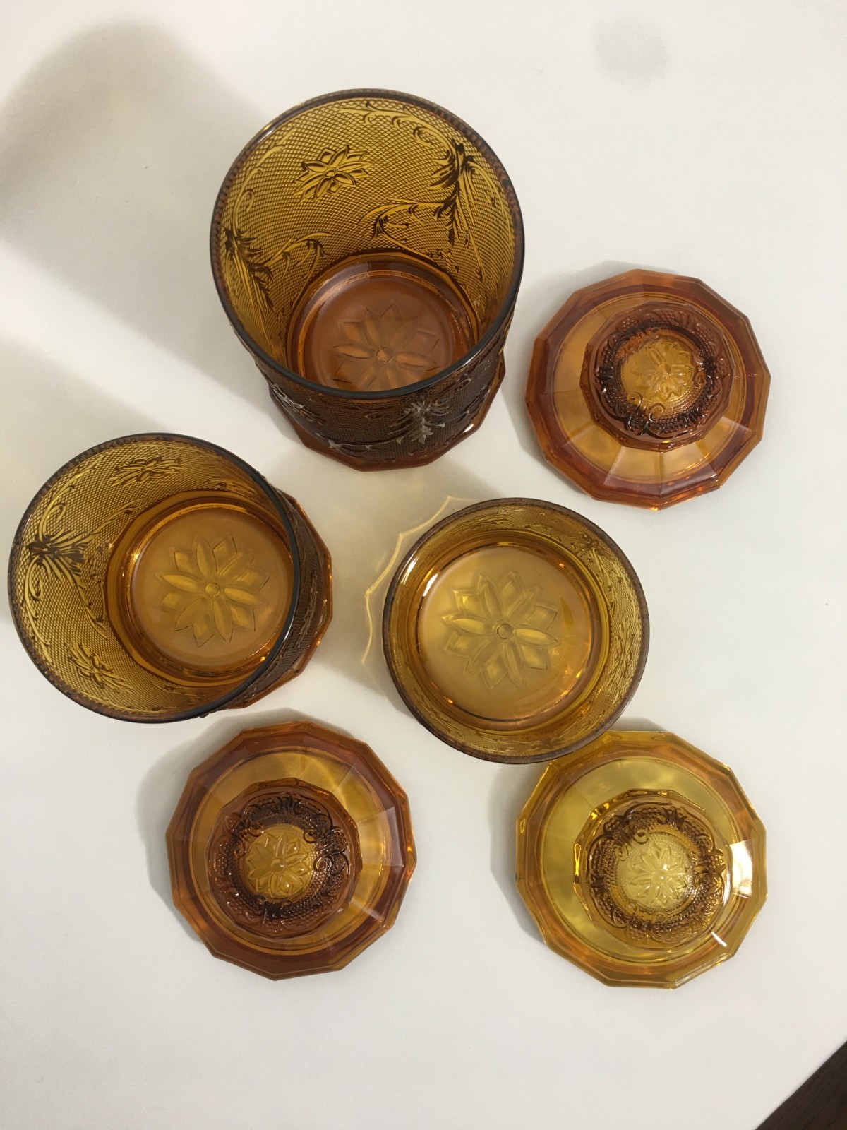 1980s TIARA Indiana Glass Amber Sandwich Pattern 3 Piece Canister Set lids NEW