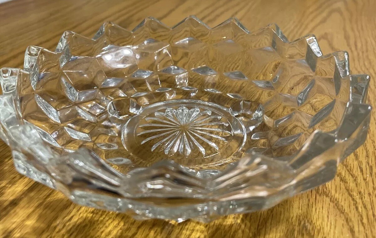 Vintage Footed Clear Glass EAPC Candy Dish Starburst Bottom Sawtooth Edge 6.5 in