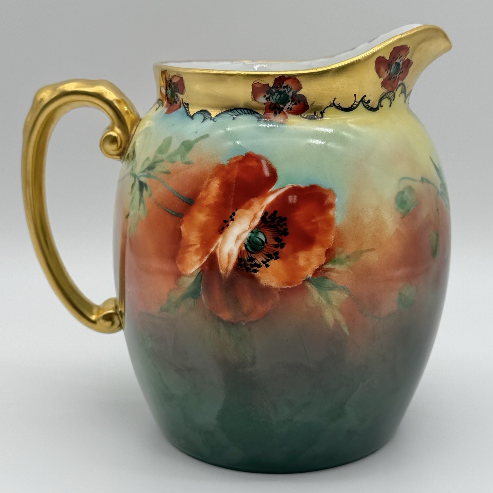 Antique T & V France Pickard Red Poppies Pitcher 8” Hand Painted F. Hathaway /cb
